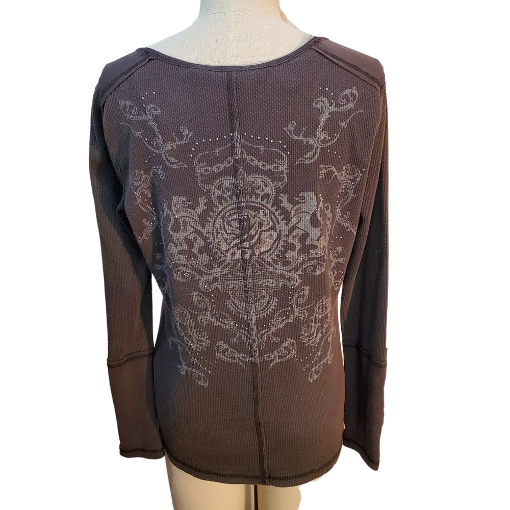 Harley Davidson Gray Thermal Top Metallic Beads Sleeve Embellishments Top Size M - Picture 4 of 8